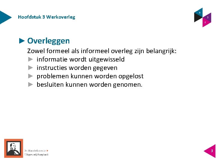 Hoofdstuk 3 Werkoverleg ► Overleggen Zowel formeel als informeel overleg zijn belangrijk: ► informatie