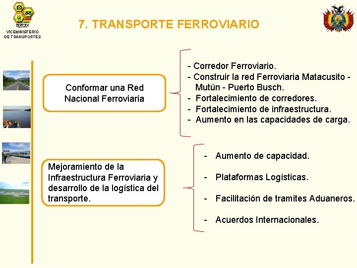 VICEMINISTERIO DE TRANSPORTES 7. TRANSPORTE FERROVIARIO Conformar una Red Nacional Ferroviaria - Corredor Ferroviario.