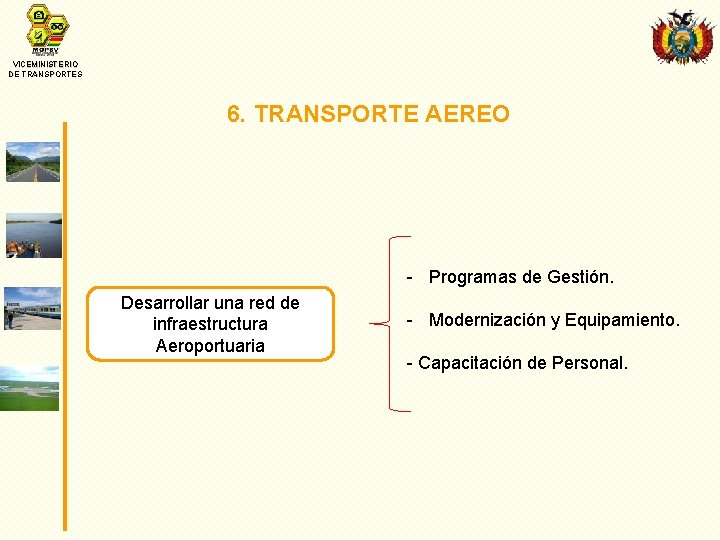VICEMINISTERIO DE TRANSPORTES 6. TRANSPORTE AEREO - Programas de Gestión. Desarrollar una red de