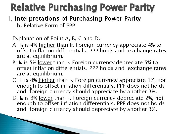 Relative Purchasing Power Parity 1. Interpretations of Purchasing Power Parity b. Relative Form of Relative Purchasing Power Parity 1. Interpretations of Purchasing Power Parity b. Relative Form of