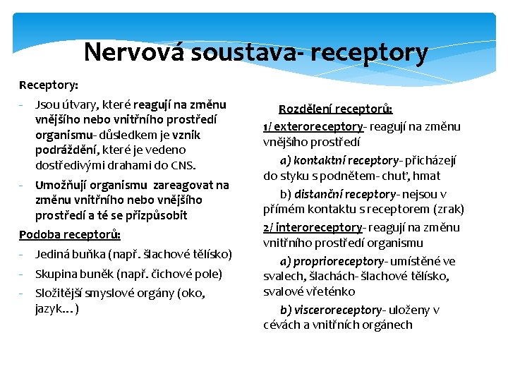 Nervová soustava- receptory Receptory: - Jsou útvary, které reagují na změnu vnějšího nebo vnitřního