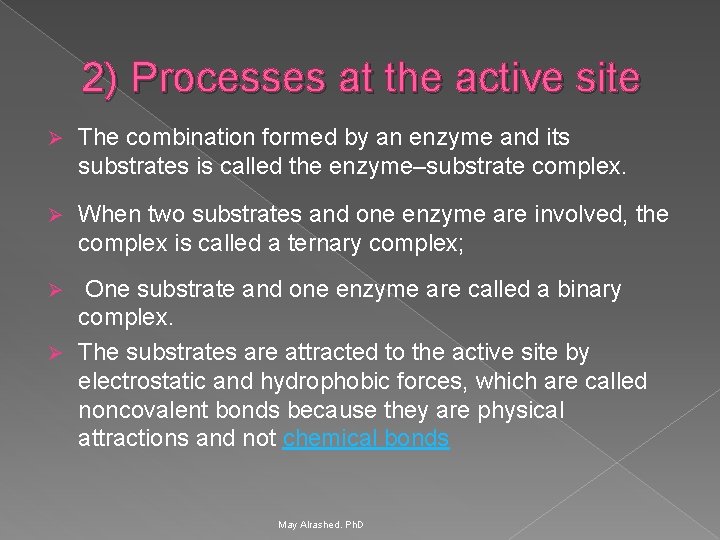 2) Processes at the active site Ø The combination formed by an enzyme and