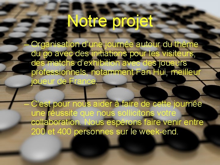 Notre projet – Organisation d’une journée autour du thème du go avec des initiations