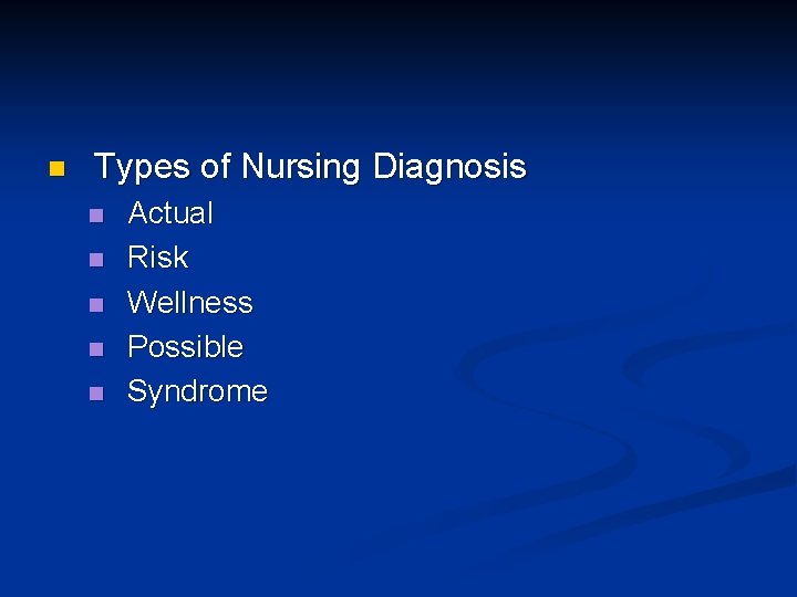 n Types of Nursing Diagnosis n n n Actual Risk Wellness Possible Syndrome n Types of Nursing Diagnosis n n n Actual Risk Wellness Possible Syndrome