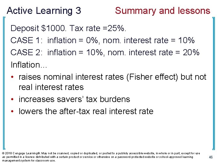 Active Learning 3 Summary and lessons Deposit $1000. Tax rate =25%. CASE 1: inflation