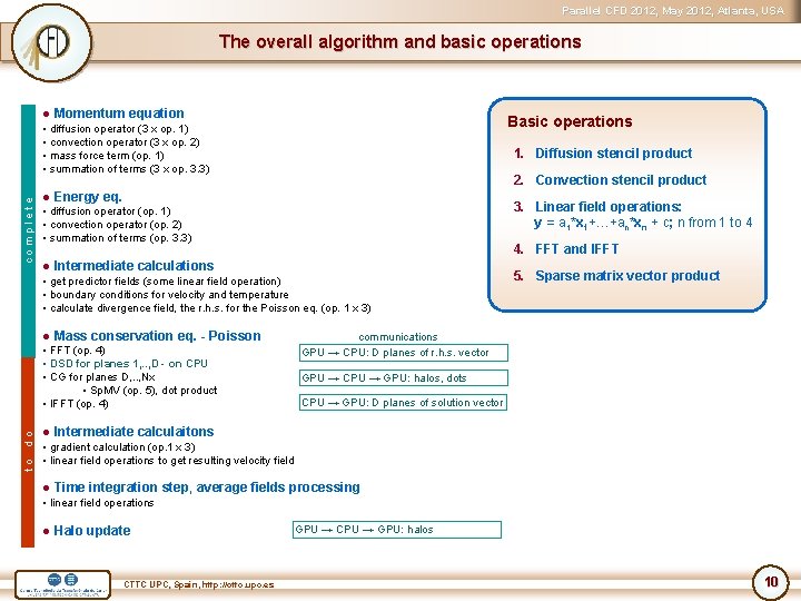 Parallel CFD 2012, May 2012, Atlanta, USA The overall algorithm and basic operations ●