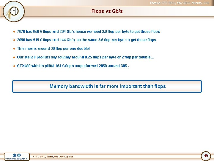 Parallel CFD 2012, May 2012, Atlanta, USA Flops vs Gb/s ● 7970 has 950