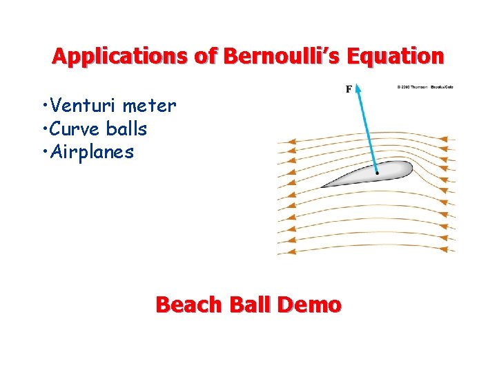 Applications of Bernoulli’s Equation • Venturi meter • Curve balls • Airplanes Beach Ball
