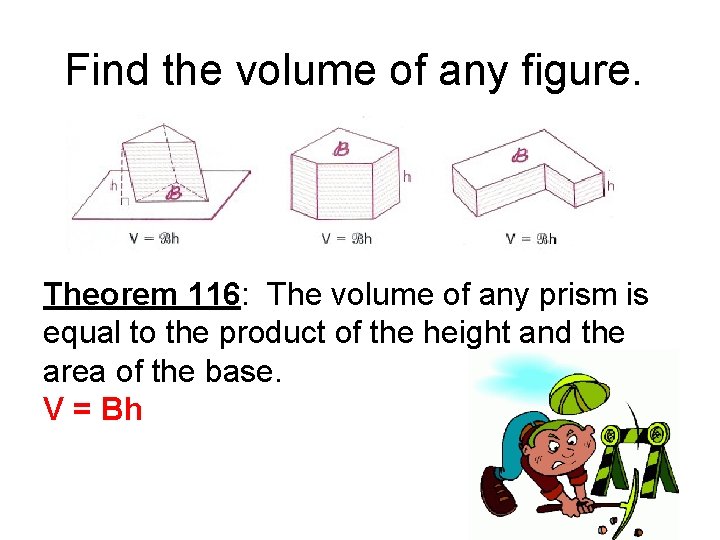 Find the volume of any figure. Theorem 116: The volume of any prism is