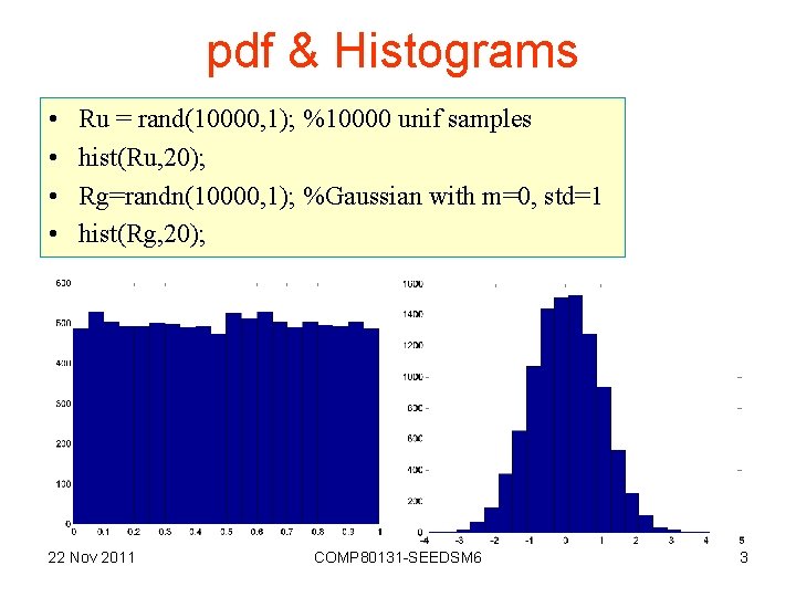 pdf & Histograms • • Ru = rand(10000, 1); %10000 unif samples hist(Ru, 20);