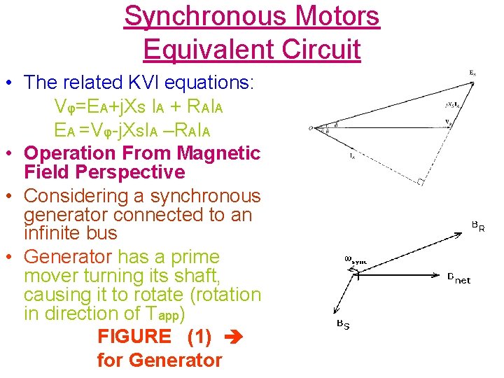 Synchronous Motors Equivalent Circuit • The related KVl equations: Vφ=EA+j. XS IA + RAIA