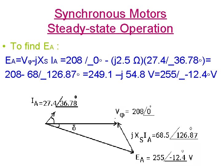 Synchronous Motors Steady-state Operation • To find EA : EA=Vφ-j. XS IA =208 /_0◦
