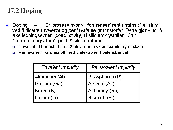 17. 2 Doping n Doping – En prosess hvor vi “forurenser” rent (intrinsic) silisium