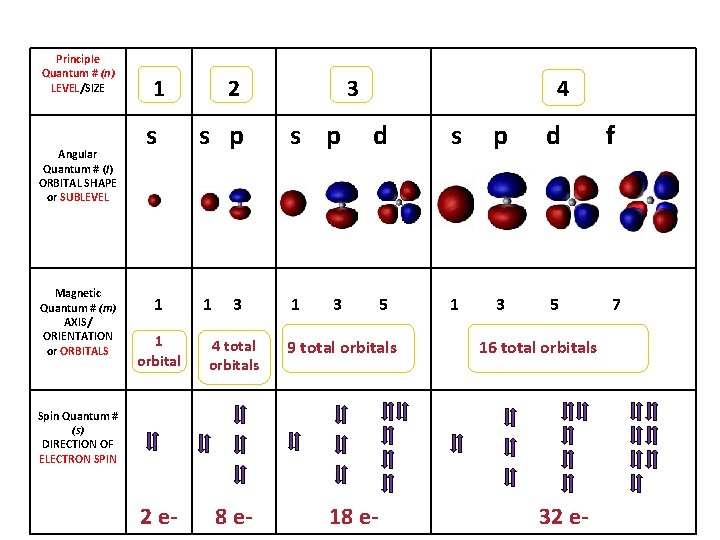 Principle Quantum # (n) LEVEL/SIZE Angular Quantum # (l) ORBITAL SHAPE or SUBLEVEL Magnetic