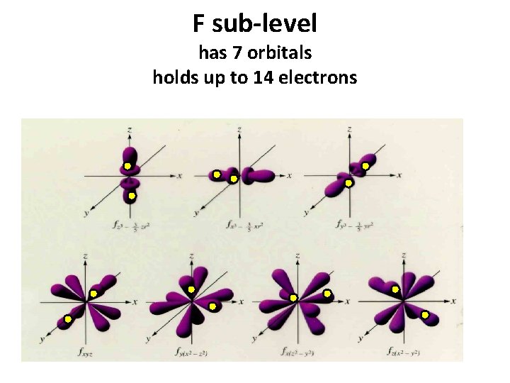 F sub-level has 7 orbitals holds up to 14 electrons 