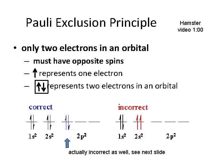 Pauli Exclusion Principle Hamster video 1: 00 • only two electrons in an orbital