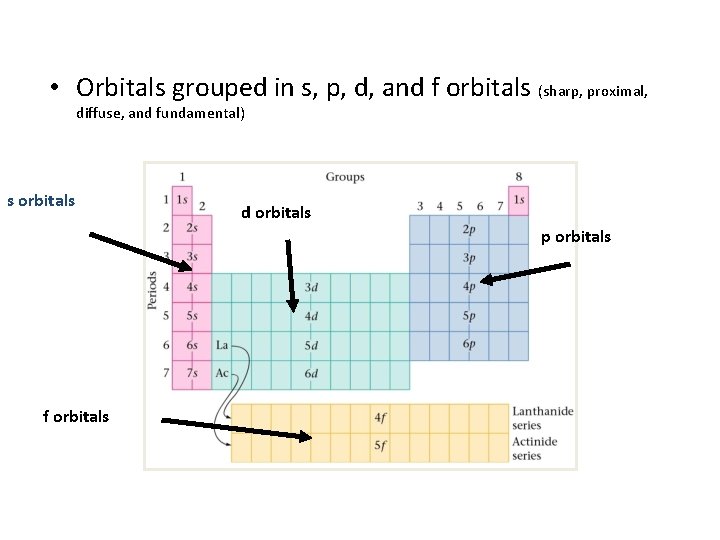  • Orbitals grouped in s, p, d, and f orbitals (sharp, proximal, diffuse,