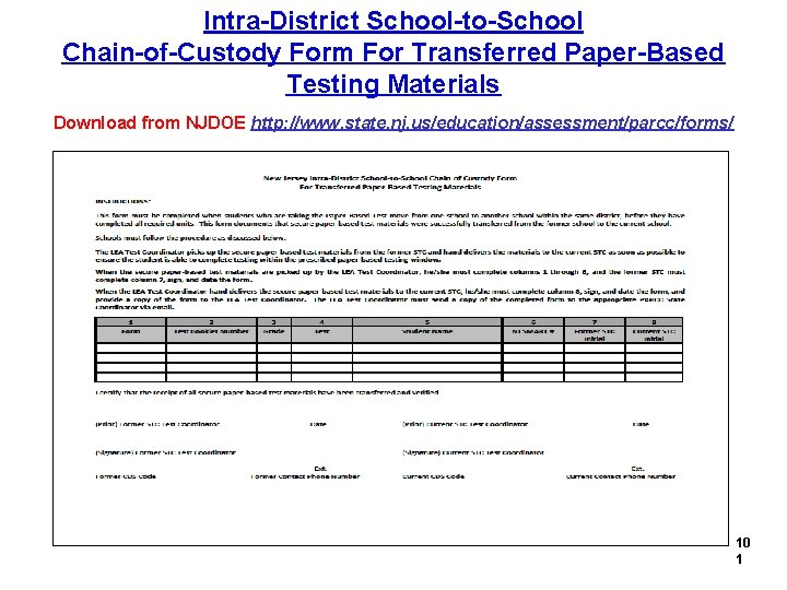 Intra-District School-to-School Chain-of-Custody Form For Transferred Paper-Based Testing Materials Download from NJDOE http: //www.