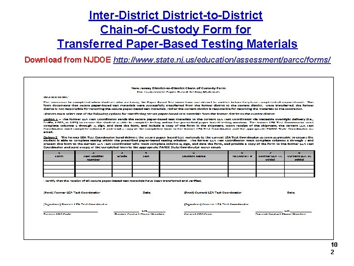 Inter-District-to-District Chain-of-Custody Form for Transferred Paper-Based Testing Materials Download from NJDOE http: //www. state.