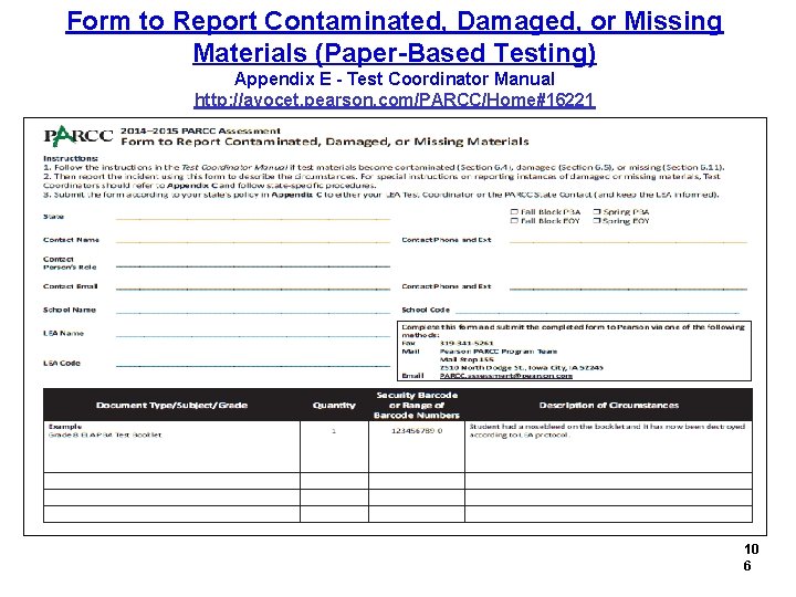 Form to Report Contaminated, Damaged, or Missing Materials (Paper-Based Testing) Appendix E - Test