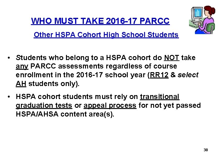 WHO MUST TAKE 2016 -17 PARCC Other HSPA Cohort High School Students •