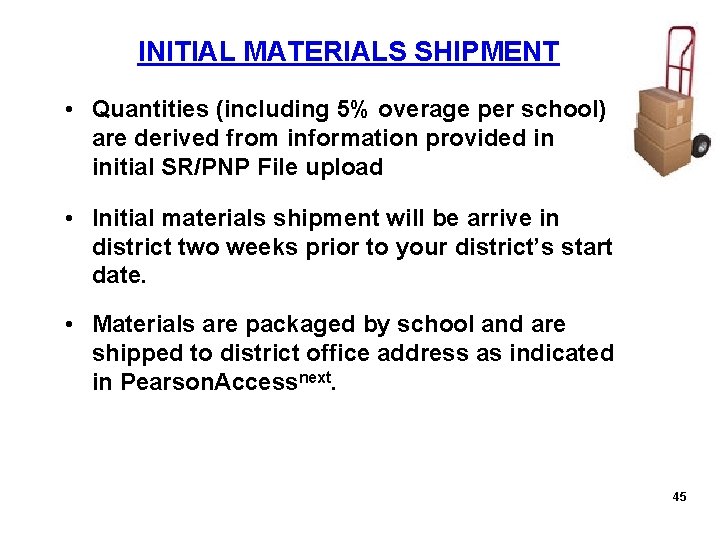 INITIAL MATERIALS SHIPMENT • Quantities (including 5% overage per school) are derived from information