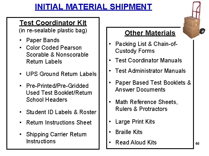  INITIAL MATERIAL SHIPMENT Initial Shipment Test Coordinator Kit (in re-sealable plastic bag) •