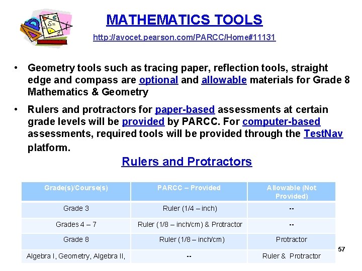 MATHEMATICS TOOLS http: //avocet. pearson. com/PARCC/Home#11131 • Geometry tools such as tracing paper, reflection