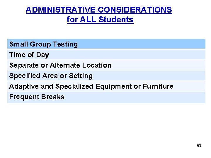 ADMINISTRATIVE CONSIDERATIONS for ALL Students Small Group Testing Time of Day Separate or Alternate