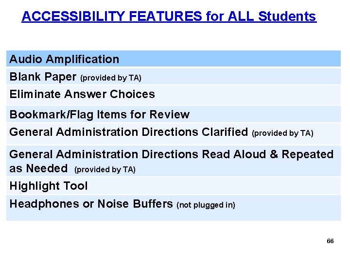 ACCESSIBILITY FEATURES for ALL Students Audio Amplification Blank Paper (provided by TA) Eliminate Answer