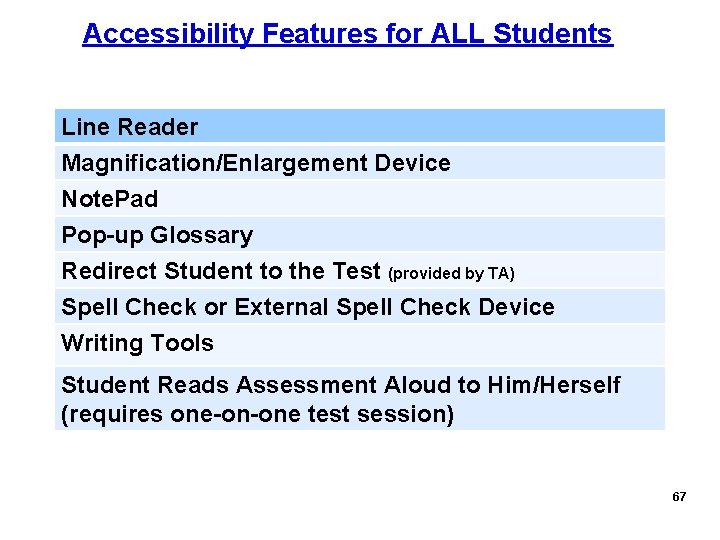 Accessibility Features for ALL Students Line Reader Magnification/Enlargement Device Note. Pad Pop-up Glossary Redirect