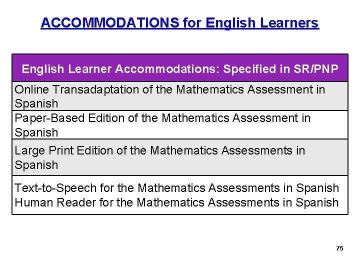 ACCOMMODATIONS for English Learners English Learner Accommodations: Specified in SR/PNP Online Transadaptation of the