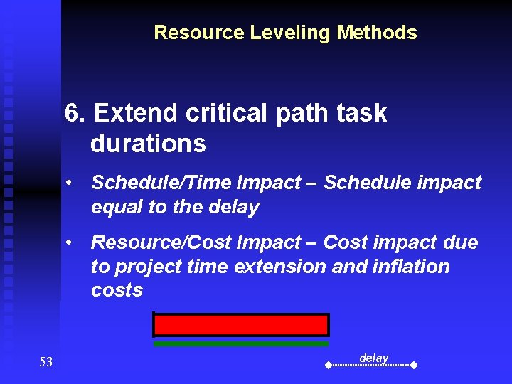 Resource Leveling Methods 6. Extend critical path task durations • Schedule/Time Impact – Schedule