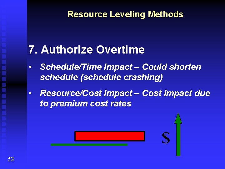 Resource Leveling Methods 7. Authorize Overtime • Schedule/Time Impact – Could shorten schedule (schedule