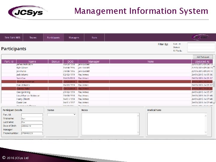 Management Information System © 2016 JCSys Ltd Management Information System © 2016 JCSys Ltd