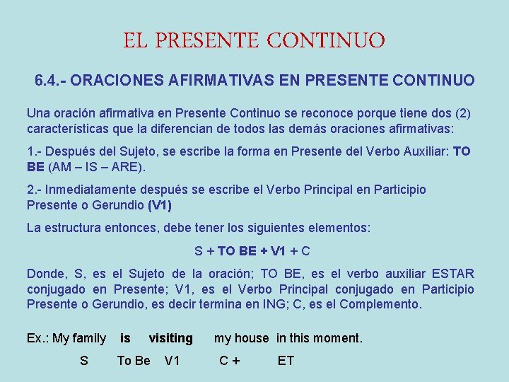 EL PRESENTE CONTINUO 6. 4. - ORACIONES AFIRMATIVAS EN PRESENTE CONTINUO Una oración afirmativa