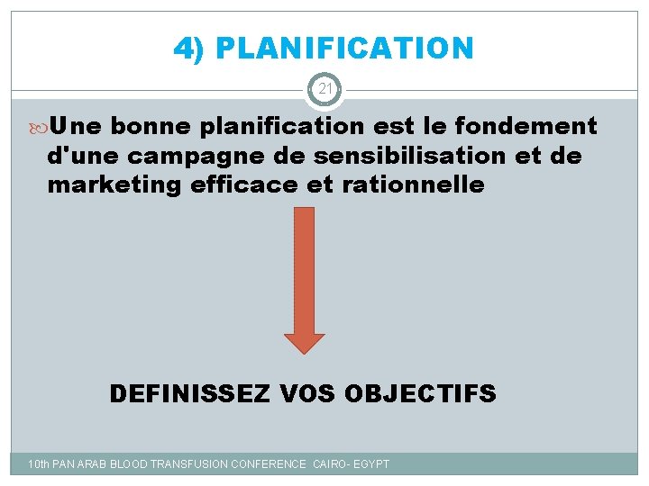 4) PLANIFICATION 21 Une bonne planification est le fondement d'une campagne de sensibilisation et