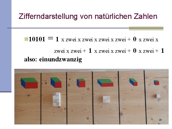 Zifferndarstellung von natürlichen Zahlen n 10101 = 1 x zwei + 0 x zwei