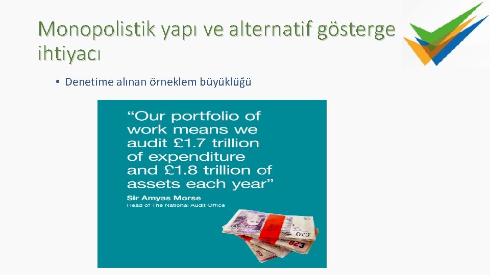 Monopolistik yapı ve alternatif gösterge ihtiyacı • Denetime alınan örneklem büyüklüğü 