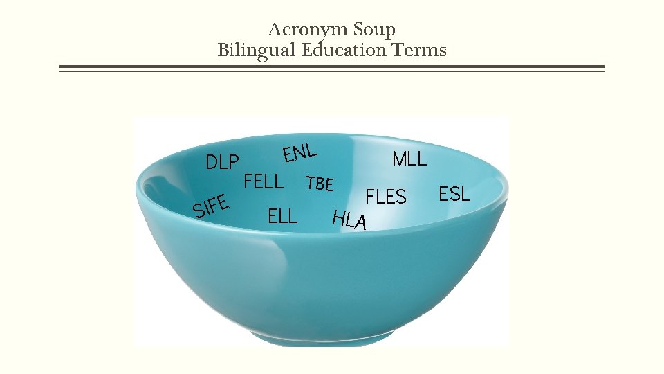 Acronym Soup Bilingual Education Terms DLP E F I S FELL ENL ELL MLL