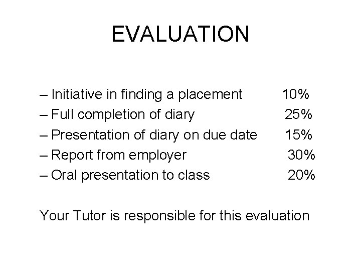 EVALUATION – Initiative in finding a placement – Full completion of diary – Presentation