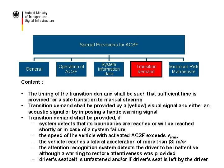 Special Provisions for ACSF General Operation of ACSF System information data Transition demand Minimum