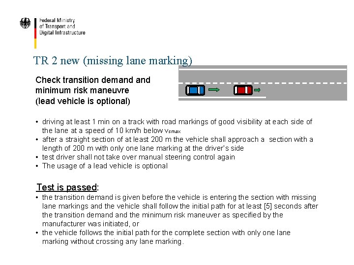 TR 2 new (missing lane marking) Check transition demand minimum risk maneuvre (lead vehicle