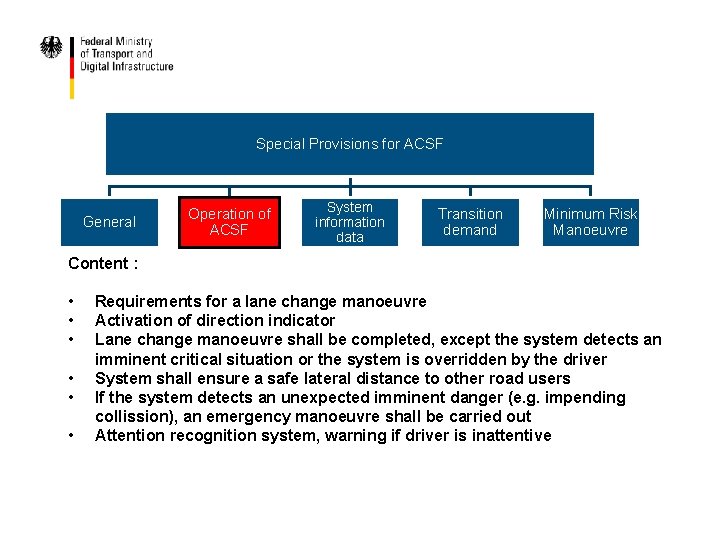 Special Provisions for ACSF General Operation of ACSF System information data Transition demand Minimum