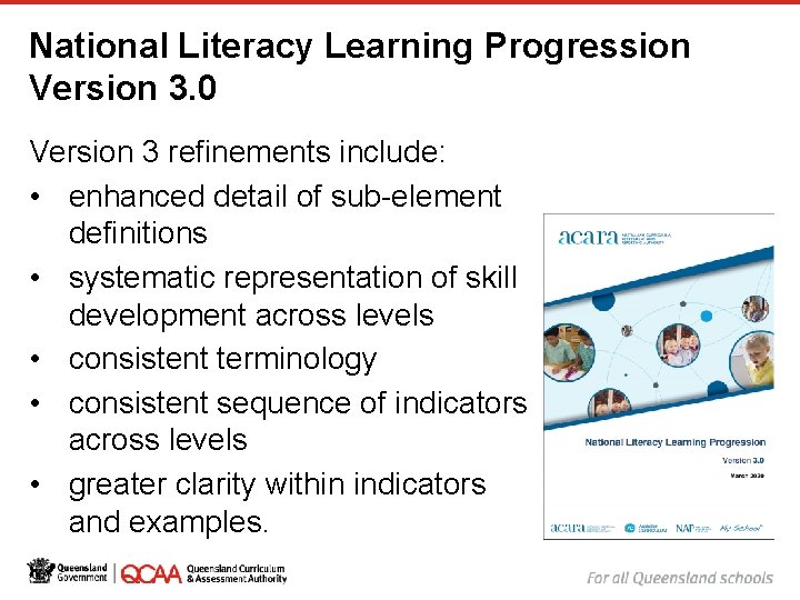 National Literacy Learning Progression Version 3. 0 Version 3 refinements include: • enhanced detail