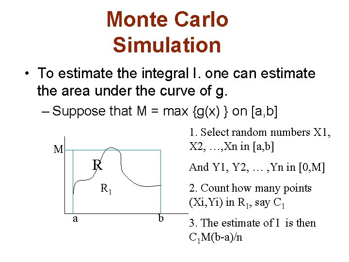 Monte Carlo Simulation • To estimate the integral I. one can estimate the area