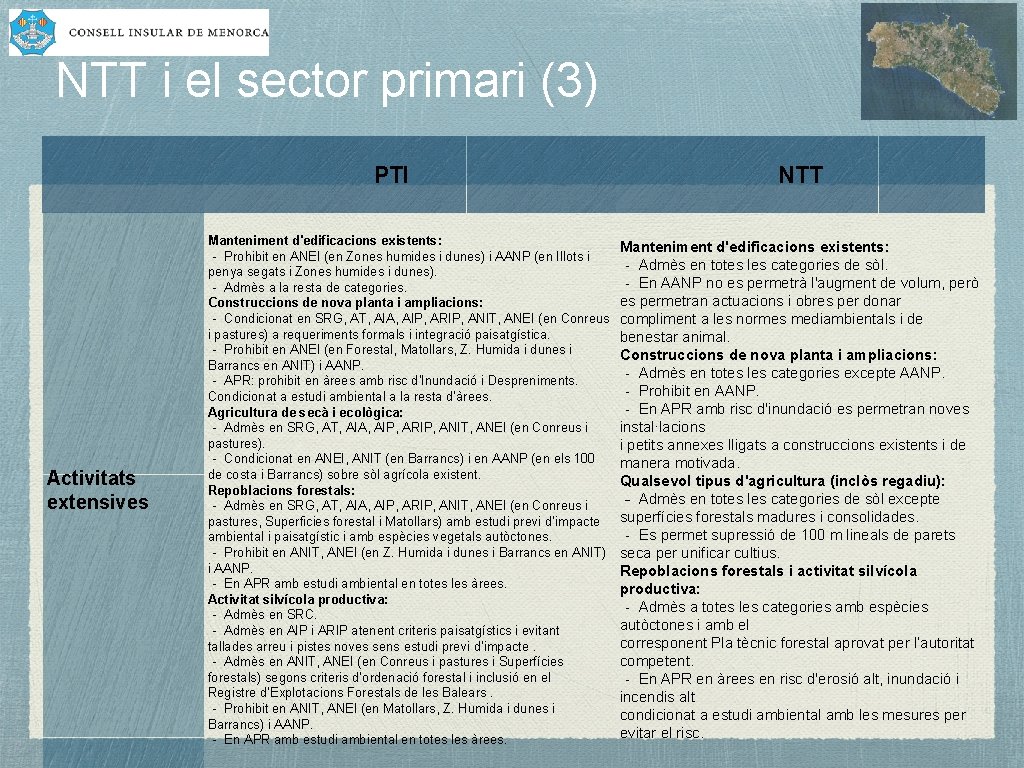 NTT i el sector primari (3) PTI Activitats extensives Manteniment d'edificacions existents: ‐ Prohibit