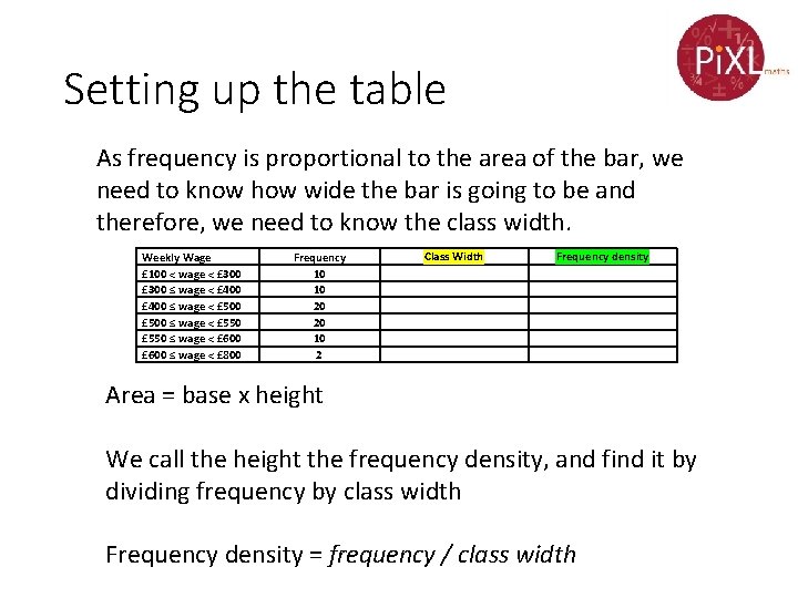 Setting up the table As frequency is proportional to the area of the bar,