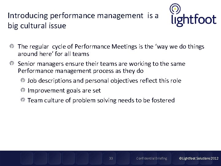 Introducing performance management is a big cultural issue The regular cycle of Performance Meetings