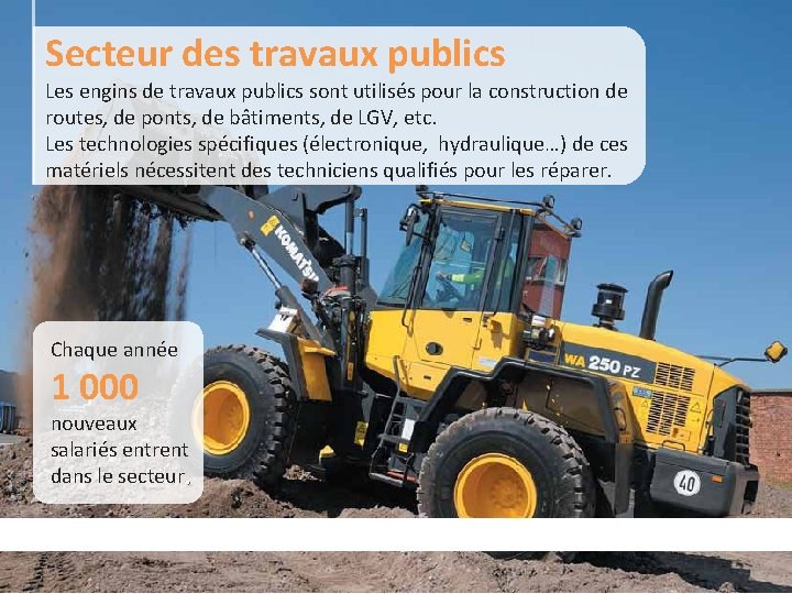 Secteur des travaux publics Les engins de travaux publics sont utilisés pour la construction